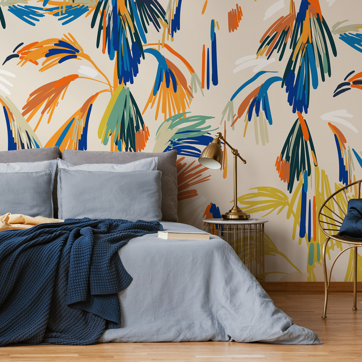 Abstract Wallpaper with Painterly Palm Leaves in Blue, Orange, and Yellow - C360