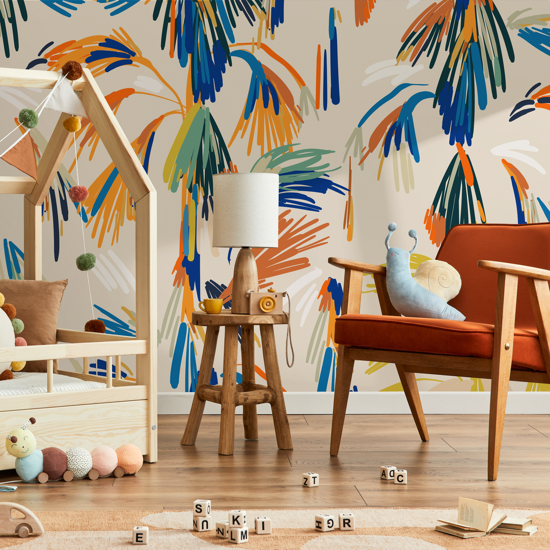 Abstract Wallpaper with Painterly Palm Leaves in Blue, Orange, and Yellow - C360