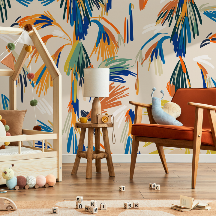 Abstract Wallpaper with Painterly Palm Leaves in Blue, Orange, and Yellow - C360