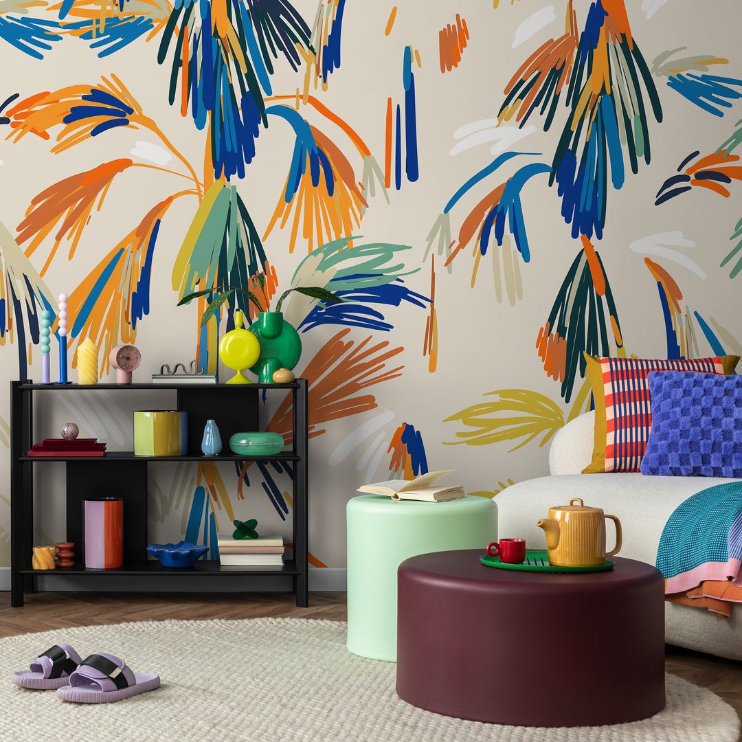 Abstract Wallpaper with Painterly Palm Leaves in Blue, Orange, and Yellow - C360
