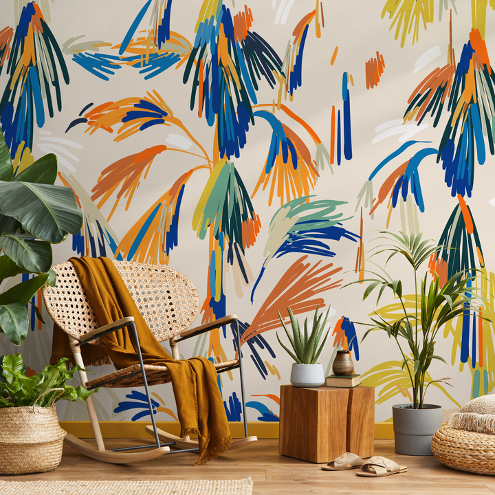 Abstract Wallpaper with Painterly Palm Leaves in Blue, Orange, and Yellow - C360