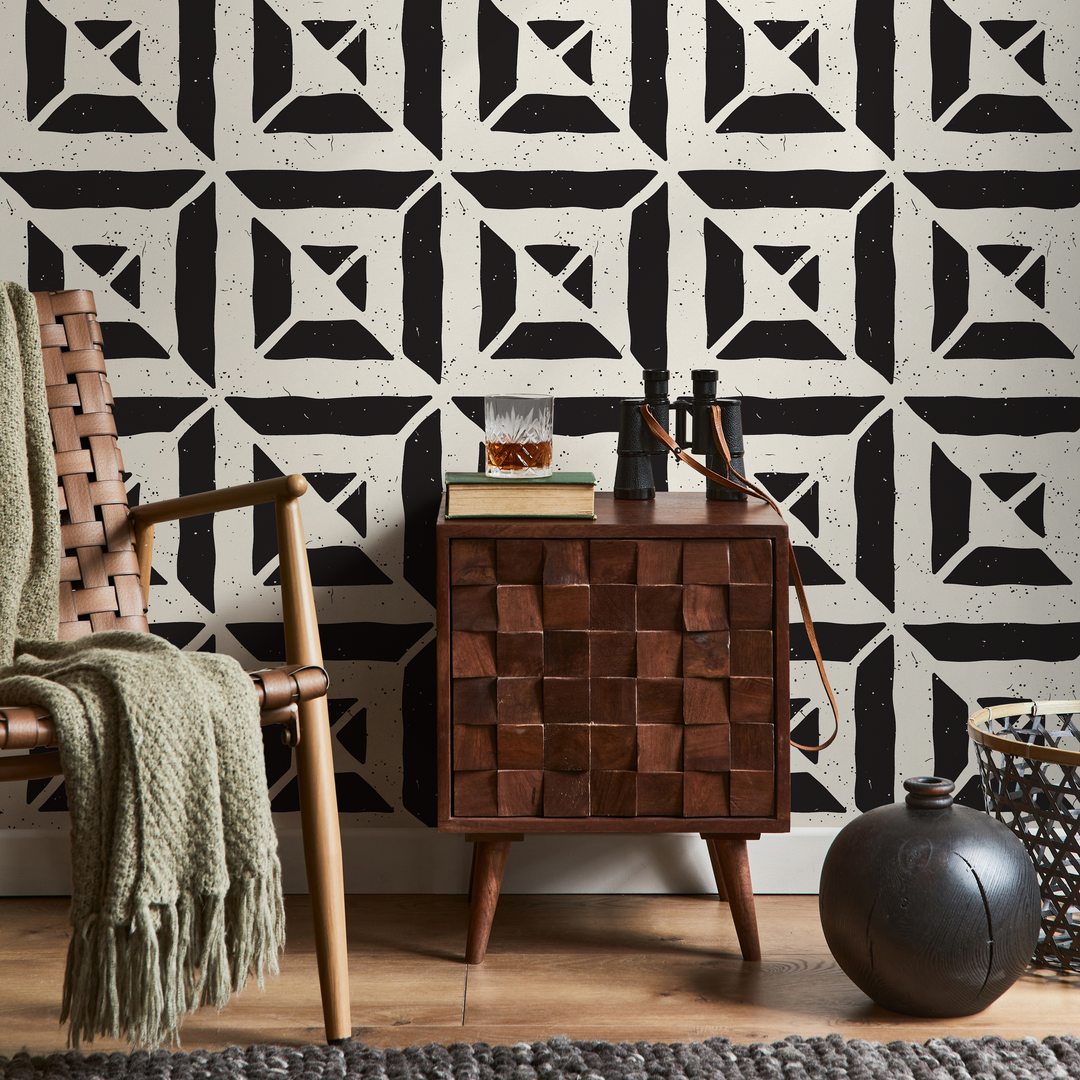 Geometric Wallpaper with a Distressed Block Print Motif in Black and White - C374