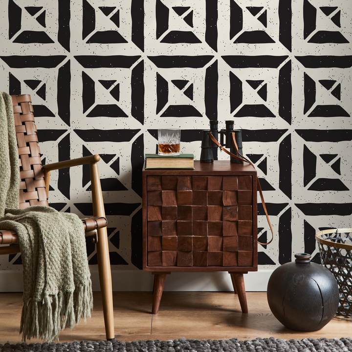 Geometric Wallpaper with a Distressed Block Print Motif in Black and White - C374