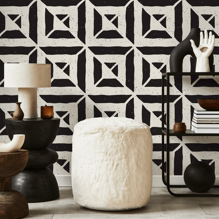 Geometric Wallpaper with a Distressed Block Print Motif in Black and White - C374