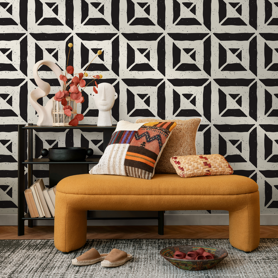 Geometric Wallpaper with a Distressed Block Print Motif in Black and White - C374
