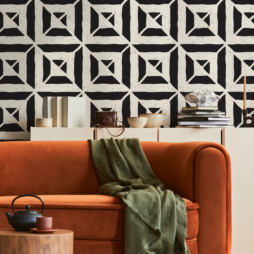 Geometric Wallpaper with a Distressed Block Print Motif in Black and White - C374