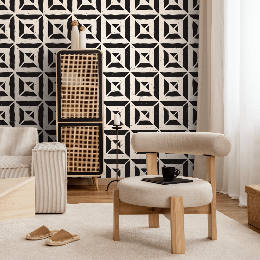 Geometric Wallpaper with a Distressed Block Print Motif in Black and White - C374