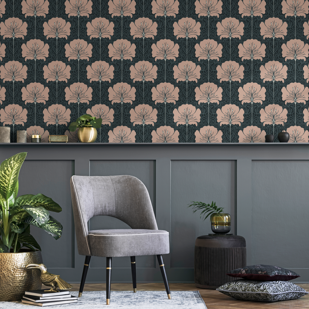 Art Nouveau Wallpaper with a Stylized Floral Motif in Muted Pink and Charcoal - C389