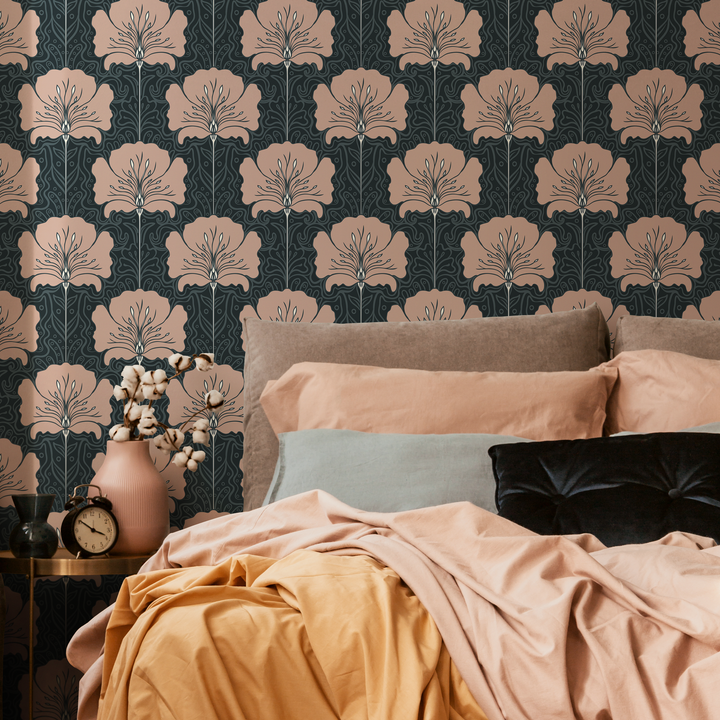 Art Nouveau Wallpaper with a Stylized Floral Motif in Muted Pink and Charcoal - C389