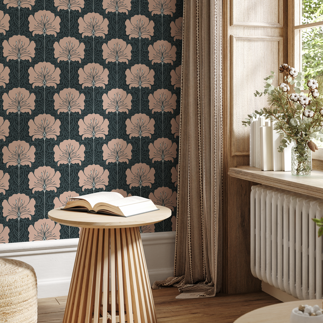 Art Nouveau Wallpaper with a Stylized Floral Motif in Muted Pink and Charcoal - C389