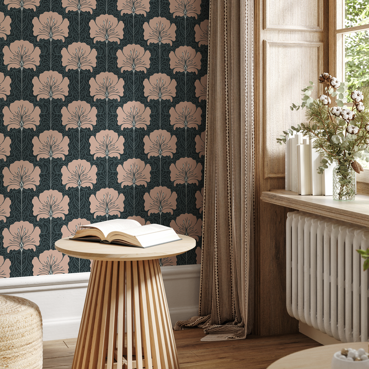 Art Nouveau Wallpaper with a Stylized Floral Motif in Muted Pink and Charcoal - C389