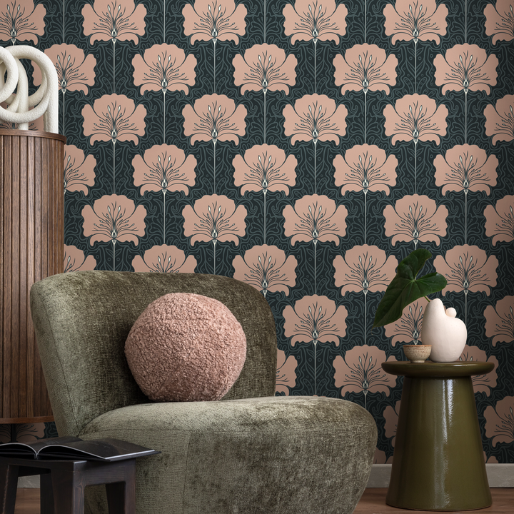 Art Nouveau Wallpaper with a Stylized Floral Motif in Muted Pink and Charcoal - C389