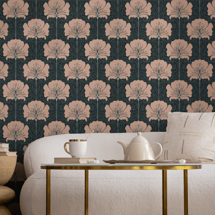 Art Nouveau Wallpaper with a Stylized Floral Motif in Muted Pink and Charcoal - C389