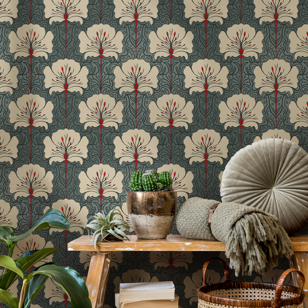 Art Nouveau Wallpaper with Stylized Florals in Teal, Beige, and Red - C390