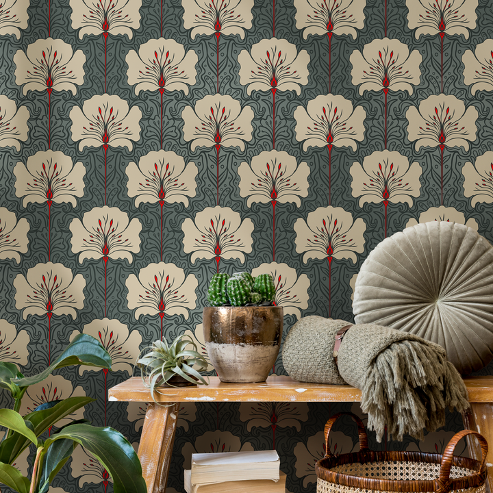 Art Nouveau Wallpaper with Stylized Florals in Teal, Beige, and Red - C390