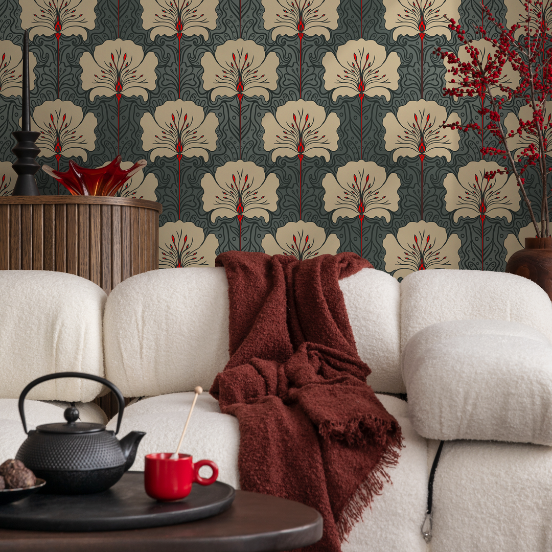 Art Nouveau Wallpaper with Stylized Florals in Teal, Beige, and Red - C390