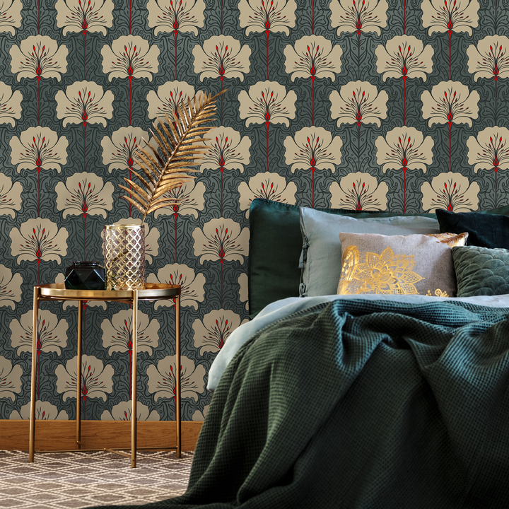 Art Nouveau Wallpaper with Stylized Florals in Teal, Beige, and Red - C390