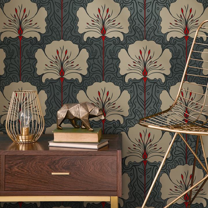 Art Nouveau Wallpaper with Stylized Florals in Teal, Beige, and Red - C390