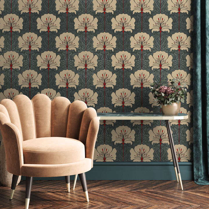 Art Nouveau Wallpaper with Stylized Florals in Teal, Beige, and Red - C390