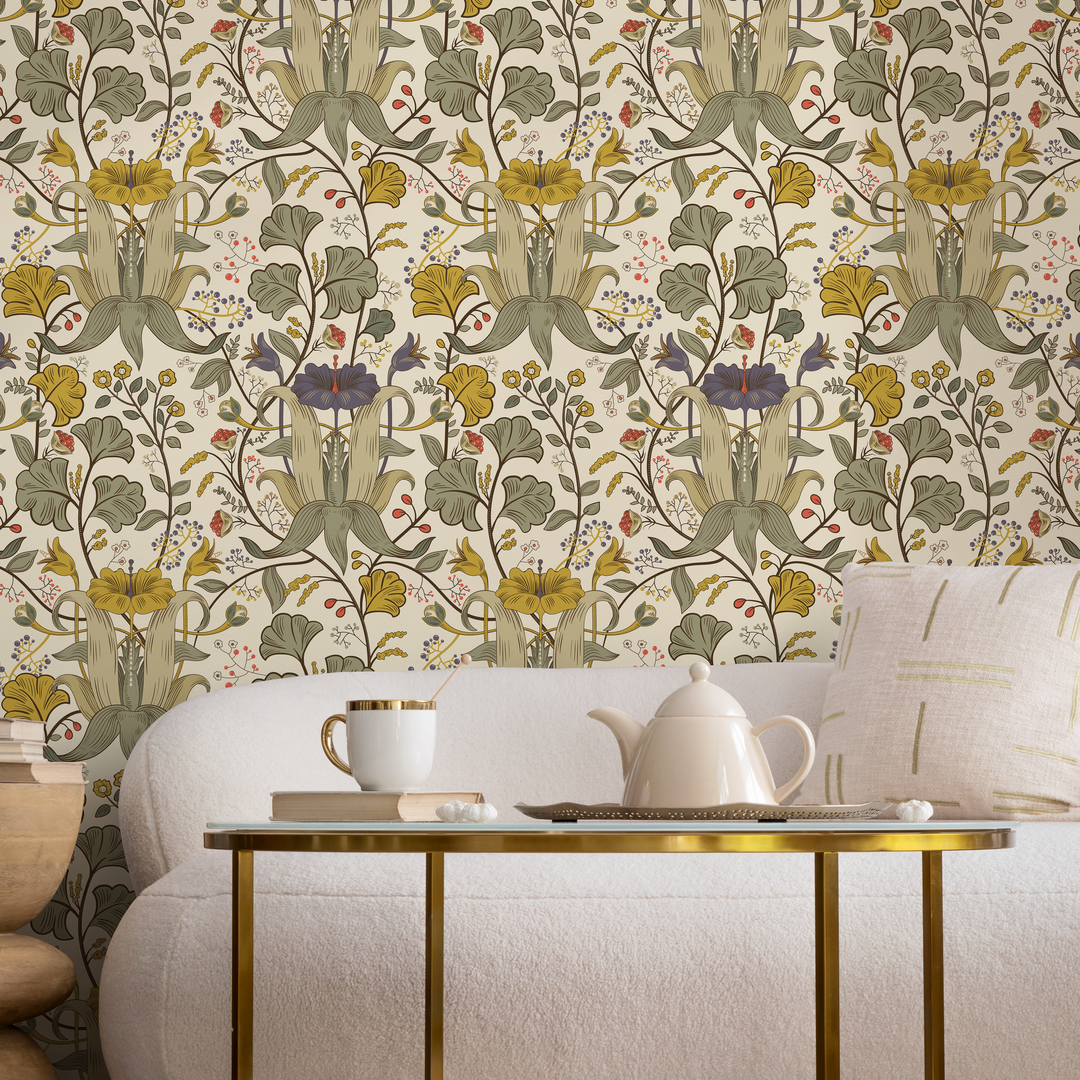Art Nouveau Wallpaper with Stylized Lilies in Green, Yellow, and Purple - C395