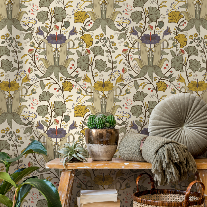 Art Nouveau Wallpaper with Stylized Lilies in Green, Yellow, and Purple - C395
