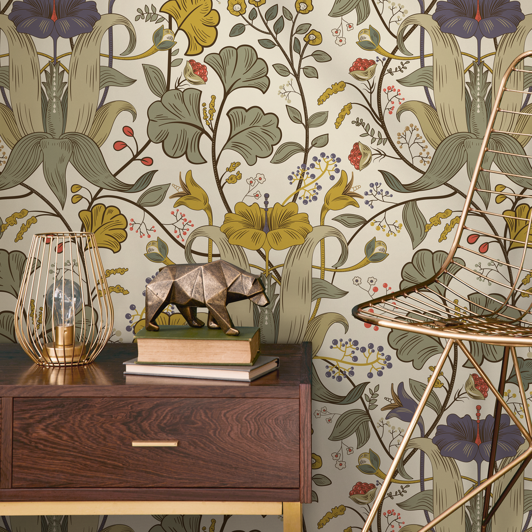 Art Nouveau Wallpaper with Stylized Lilies in Green, Yellow, and Purple - C395