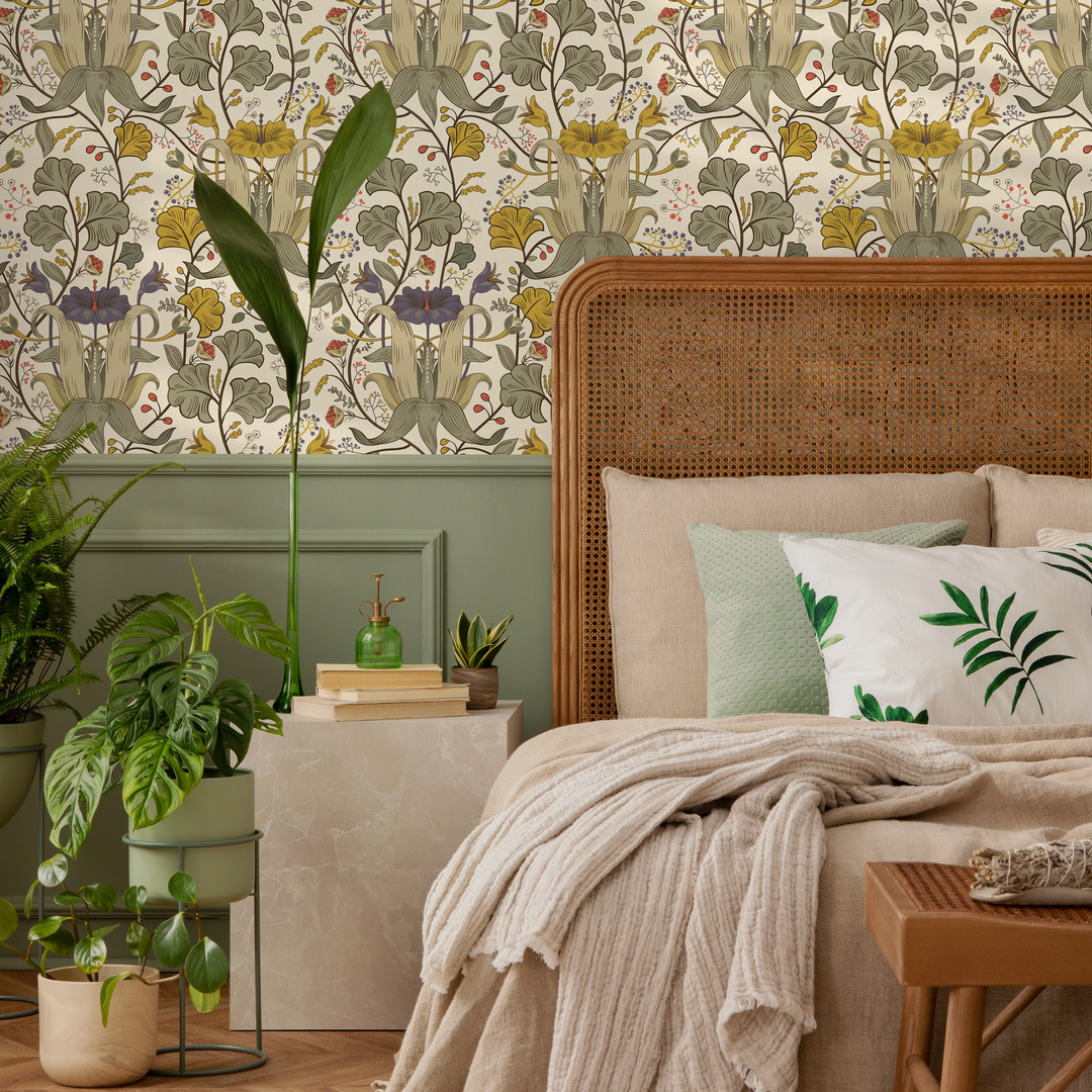 Art Nouveau Wallpaper with Stylized Lilies in Green, Yellow, and Purple - C395