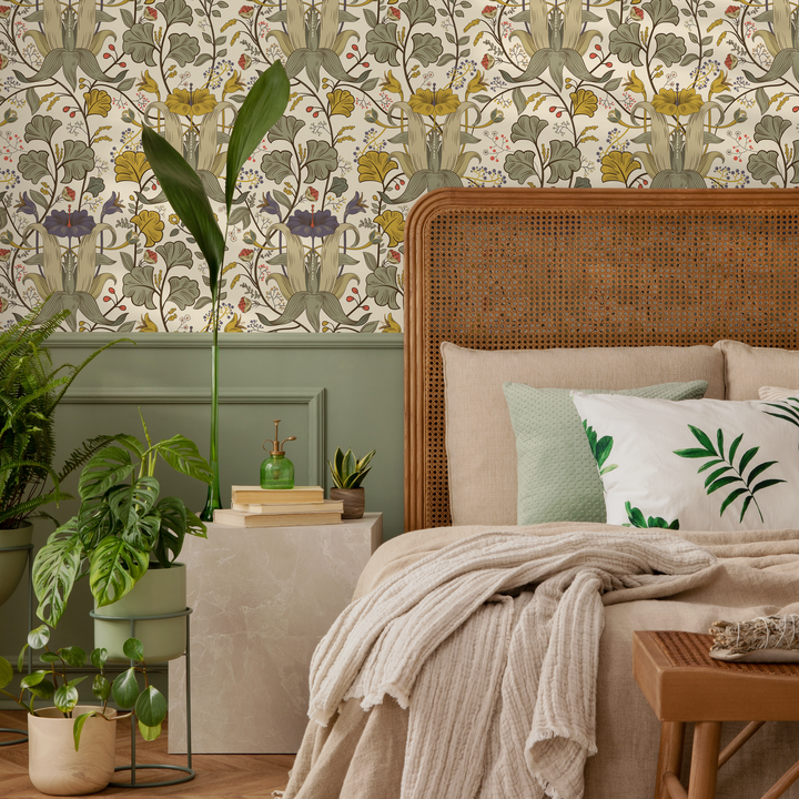 Art Nouveau Wallpaper with Stylized Lilies in Green, Yellow, and Purple - C395