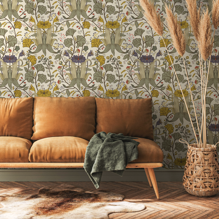 Art Nouveau Wallpaper with Stylized Lilies in Green, Yellow, and Purple - C395