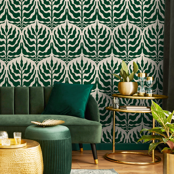 Botanical Wallpaper with a Stylized Leaf Motif in Green and Cream - C411