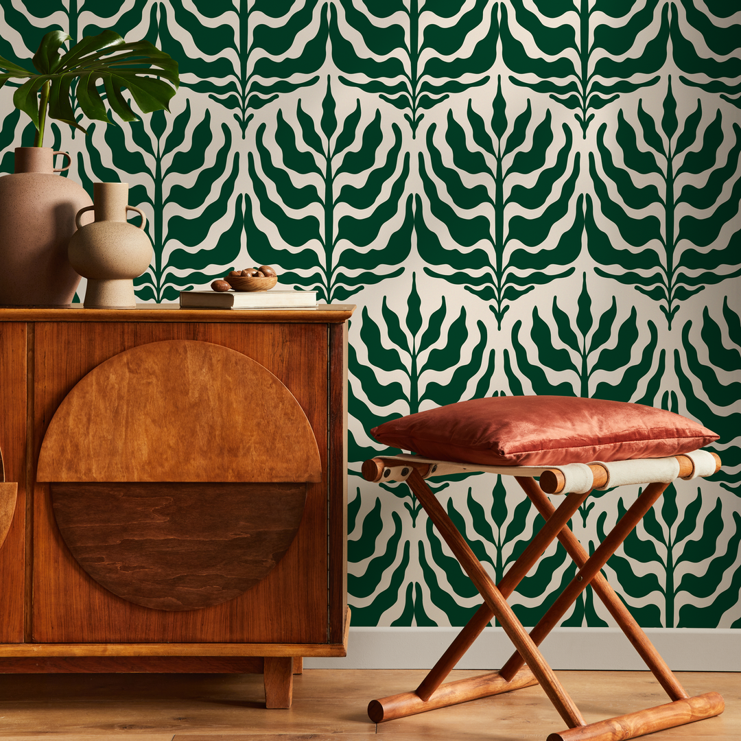 Botanical Wallpaper with a Stylized Leaf Motif in Green and Cream - C411