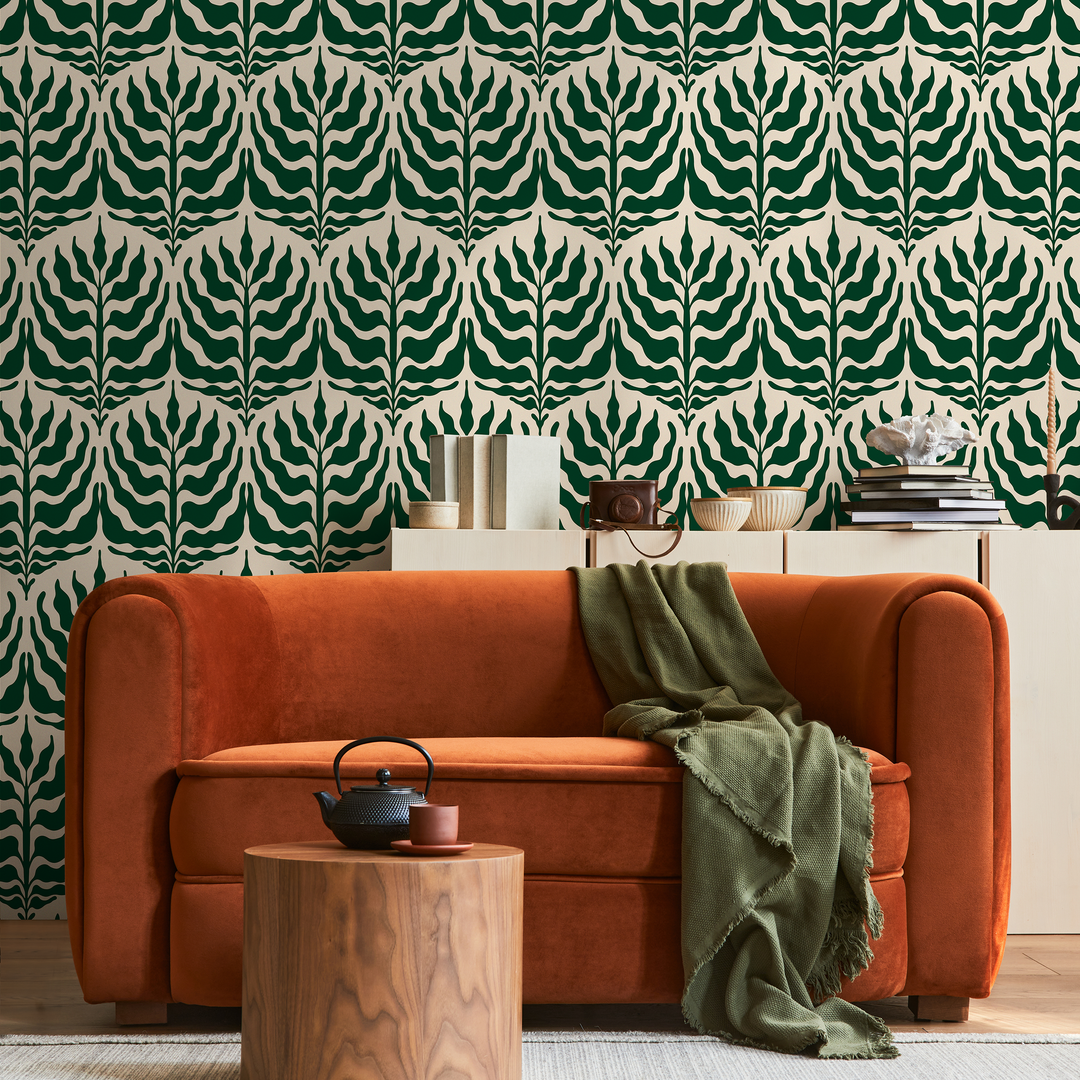 Botanical Wallpaper with a Stylized Leaf Motif in Green and Cream - C411