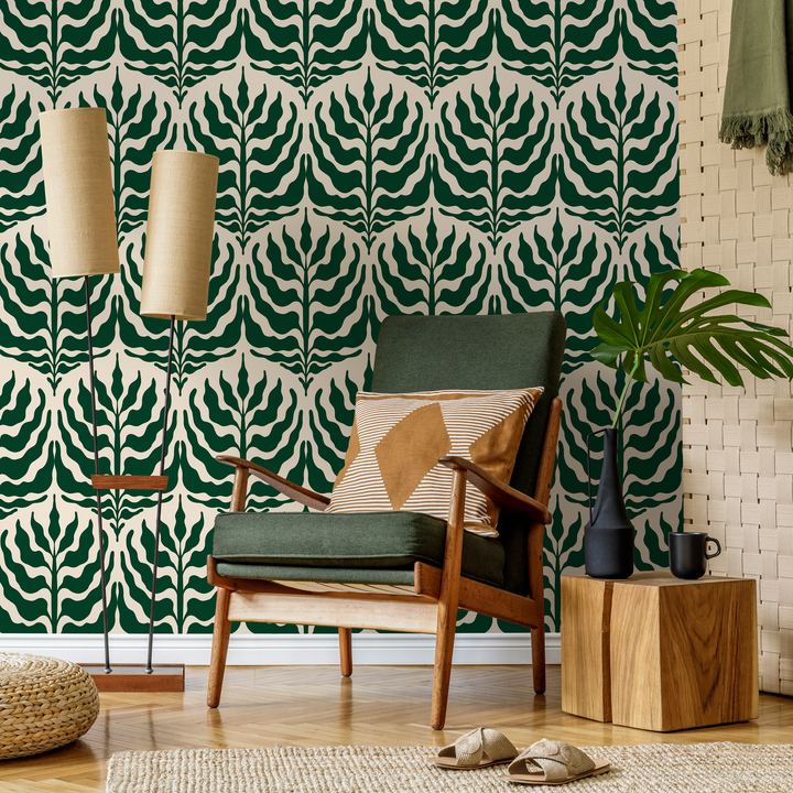 Botanical Wallpaper with a Stylized Leaf Motif in Green and Cream - C411