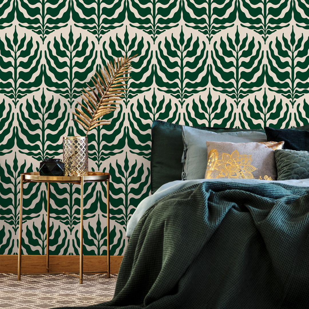 Botanical Wallpaper with a Stylized Leaf Motif in Green and Cream - C411