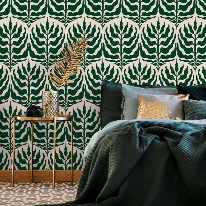 Botanical Wallpaper with a Stylized Leaf Motif in Green and Cream - C411