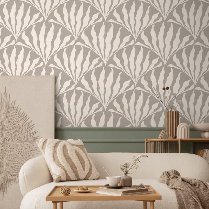 Art Deco Wallpaper with a Stylized Leaf Fan Motif in Grey and Cream - C418