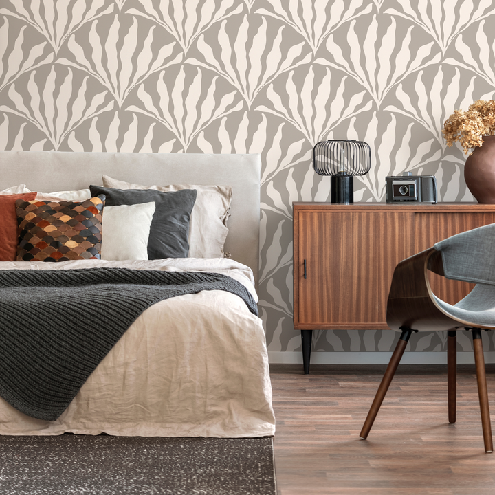 Art Deco Wallpaper with a Stylized Leaf Fan Motif in Grey and Cream - C418