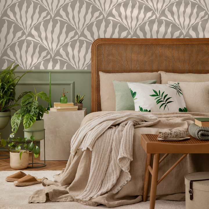 Art Deco Wallpaper with a Stylized Leaf Fan Motif in Grey and Cream - C418
