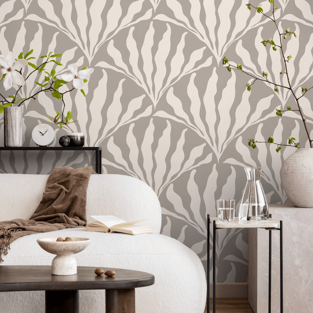 Art Deco Wallpaper with a Stylized Leaf Fan Motif in Grey and Cream - C418
