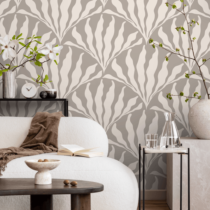 Art Deco Wallpaper with a Stylized Leaf Fan Motif in Grey and Cream - C418