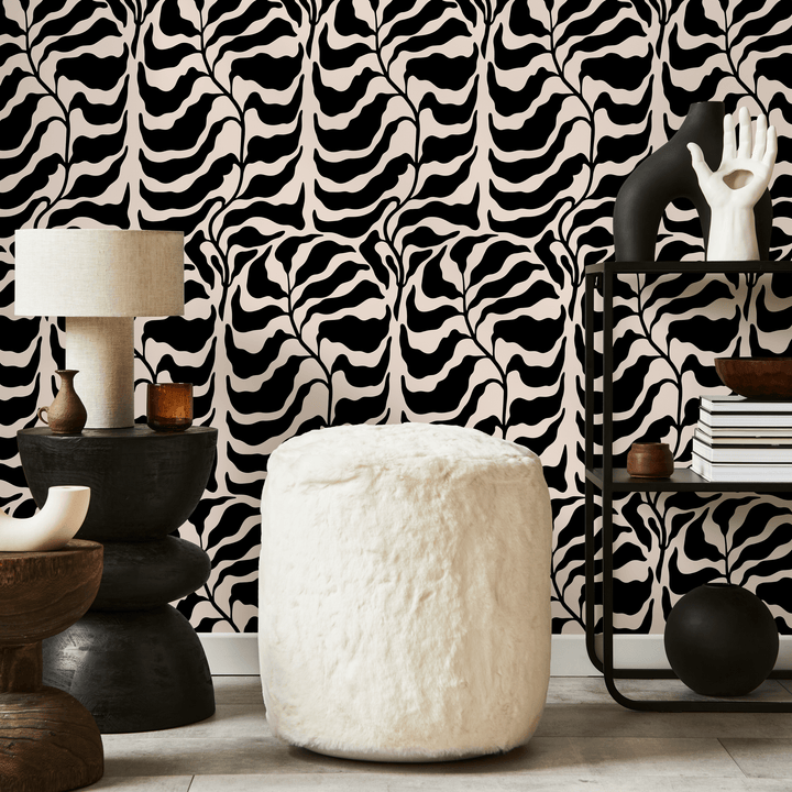 Abstract Wallpaper with a Bold Leaf Motif in Black and Cream - C419