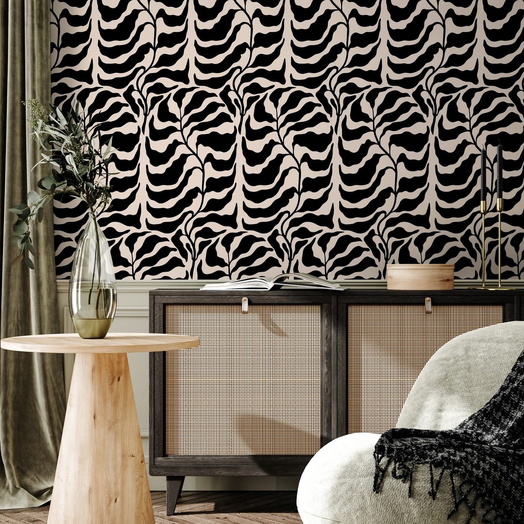 Abstract Wallpaper with a Bold Leaf Motif in Black and Cream - C419