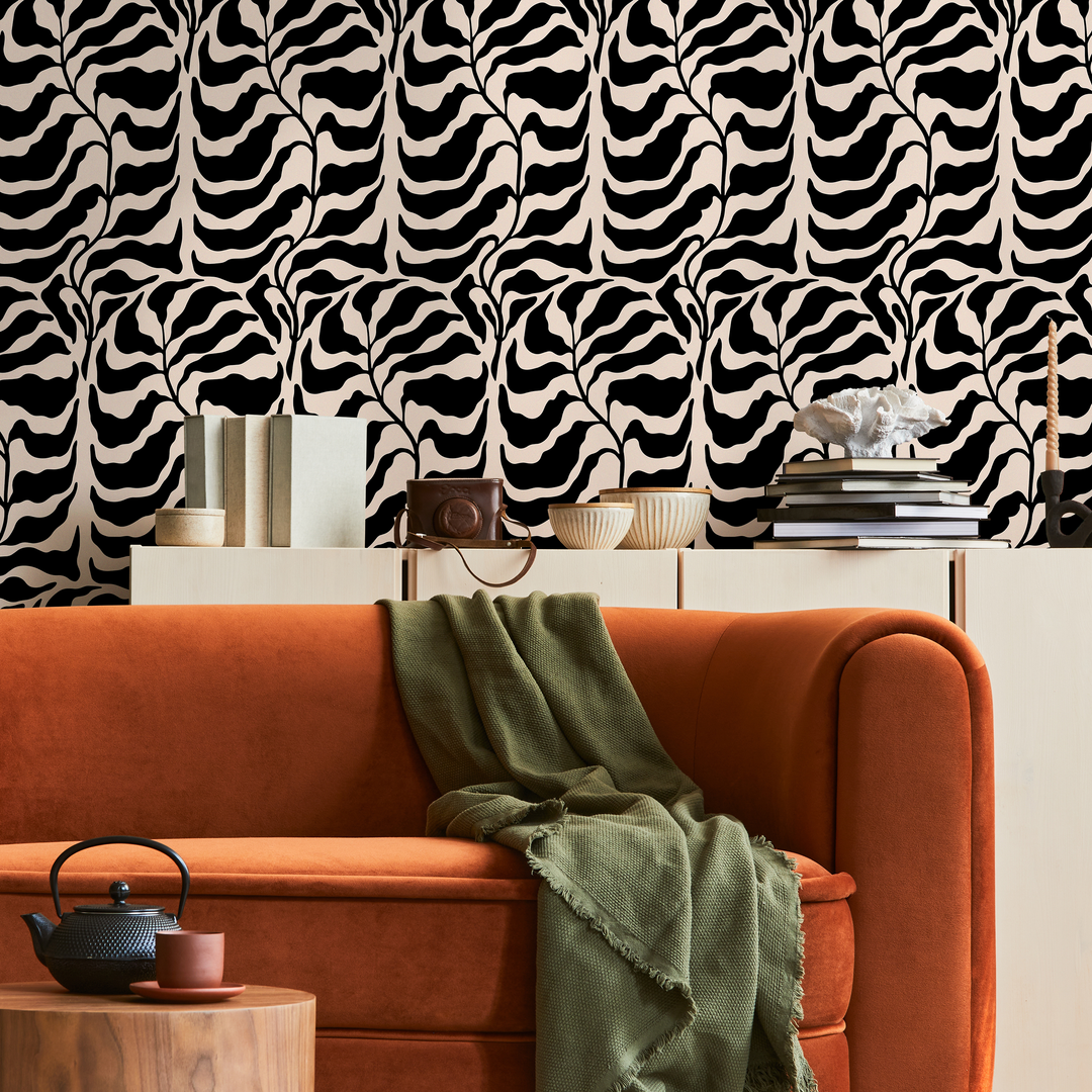 Abstract Wallpaper with a Bold Leaf Motif in Black and Cream - C419
