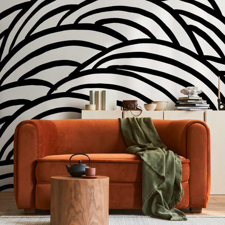 Abstract Wallpaper with Bold Wavy Brushstrokes in Black and White - C433