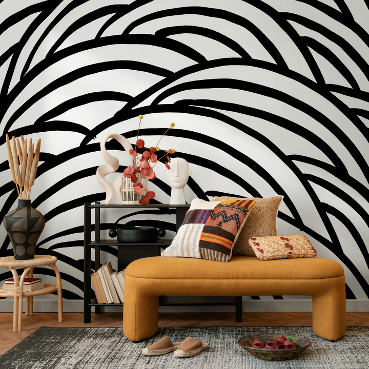 Abstract Wallpaper with Bold Wavy Brushstrokes in Black and White - C433
