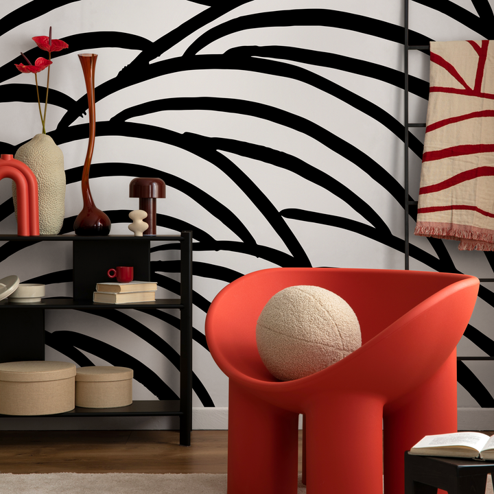 Abstract Wallpaper with Bold Wavy Brushstrokes in Black and White - C433