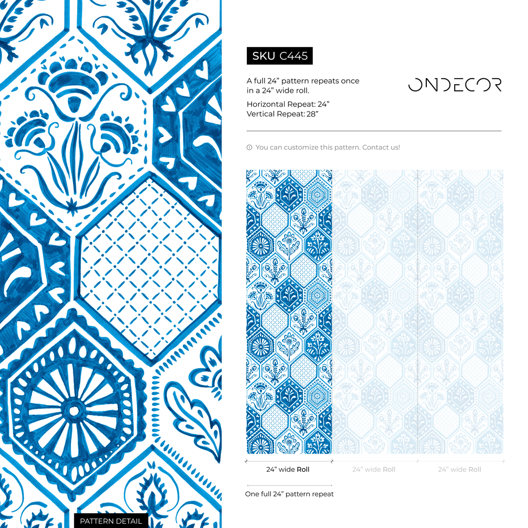 Damask Wallpaper with a Watercolor Tile Motif in Blue and White - C445