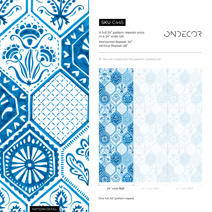 Damask Wallpaper with a Watercolor Tile Motif in Blue and White - C445