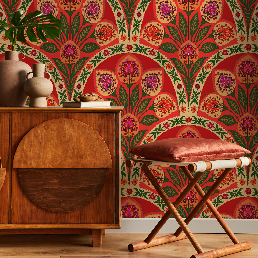 Art Nouveau Wallpaper with an Arched Floral Motif in Red, Green, and Pink - C451