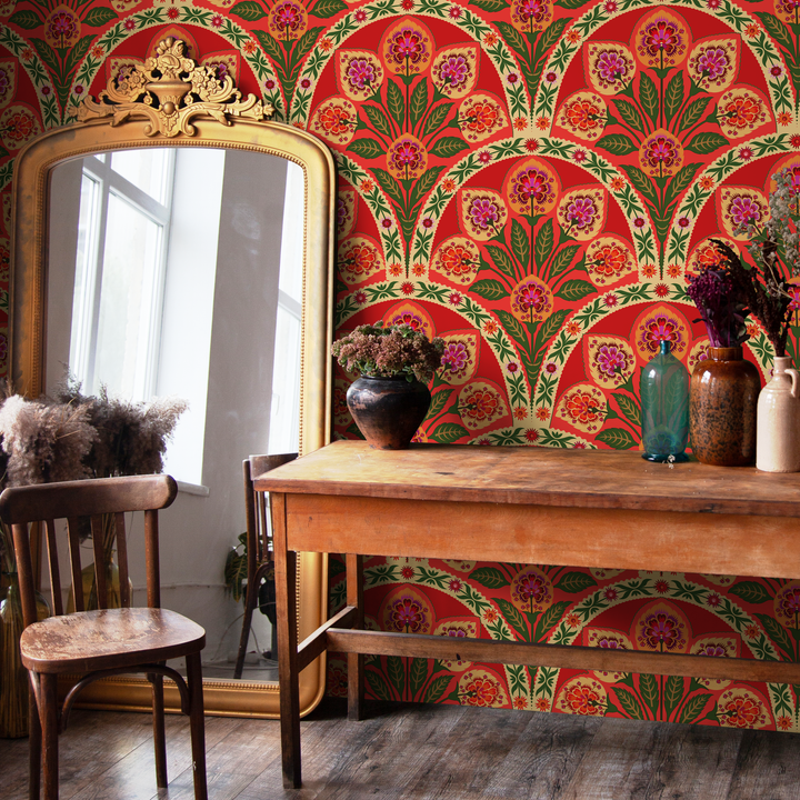Art Nouveau Wallpaper with an Arched Floral Motif in Red, Green, and Pink - C451